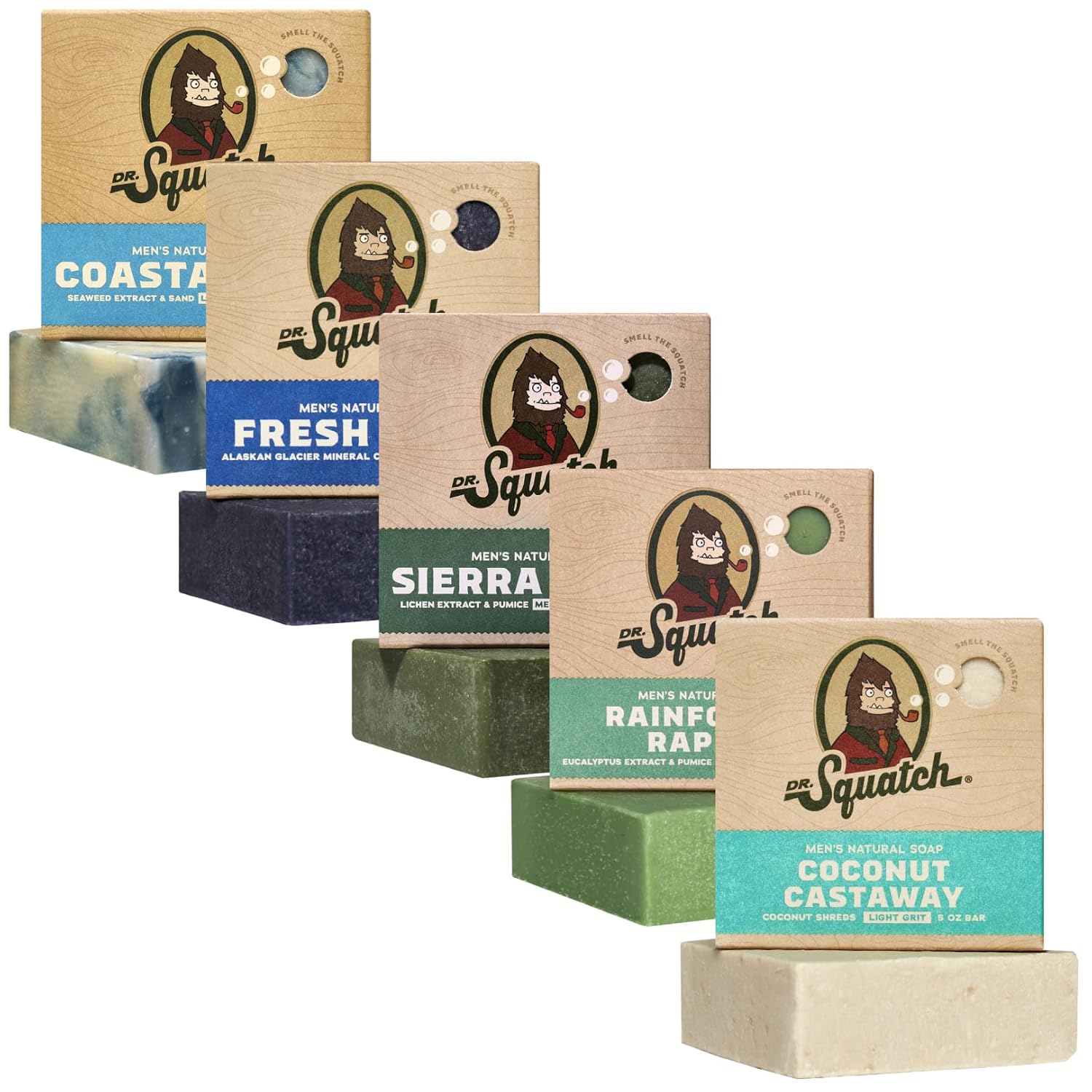 Dr. Squatch Natural Bar Soap for Men - Cold Process Soap with No Harsh Chemicals - Coconut Castaway, Rainforest Rapids, Sierra Storm, Fresh Falls, Coastal Mist (5 oz, 5-Pack)-FemmiqueWomen
