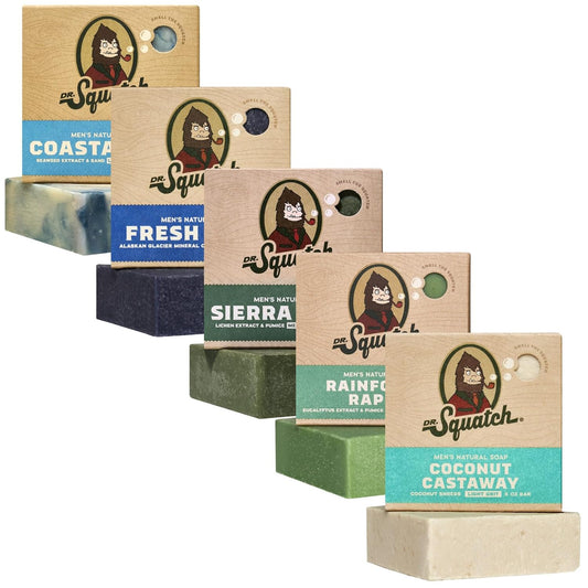 Dr. Squatch Natural Bar Soap for Men - Cold Process Soap with No Harsh Chemicals - Coconut Castaway, Rainforest Rapids, Sierra Storm, Fresh Falls, Coastal Mist (5 oz, 5-Pack)-FemmiqueWomen