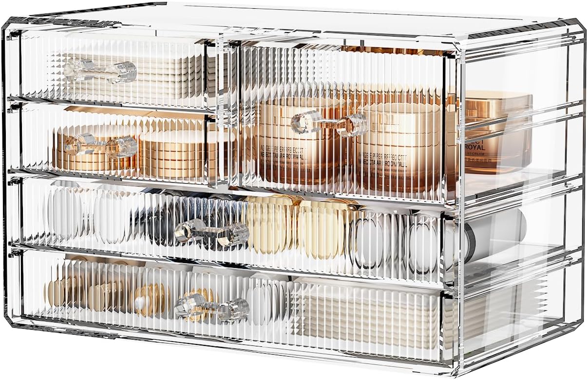 ZHIAI Stackable Storage Drawers, Acrylic Bathroom Counter Organizer Clear Makeup Organizers for Vanity, Kitchen Cabinets, Bathroom, Undersink, Home Organization and Storage (5 Drawers, Pattern E)-FemmiqueWomen