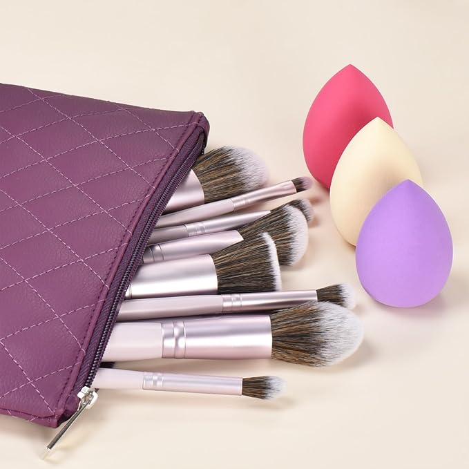 10 Piece Purple Makeup Brushes Set and 3 Piece Makeup Sponge - Wooden Handle with Soft Synthetic Bristles, for Face & Eye Makeup | Professional Cosmetic Brushes | Includes Travel Pouch-FemmiqueWomen