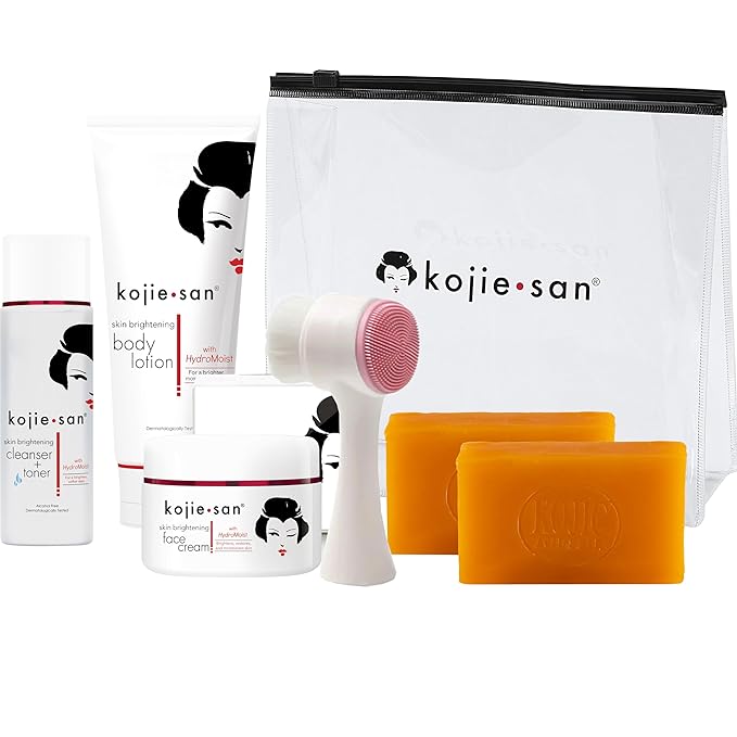 Kojie San Face & Body Shower Set - The Original Kojic Acid Soap that Reduces Visibility of Dark Spots, Hyperpigmentation, and Other types of Skin Damage – 135g x 2 Bars with Lotion, Cream and Toner-FemmiqueWomen
