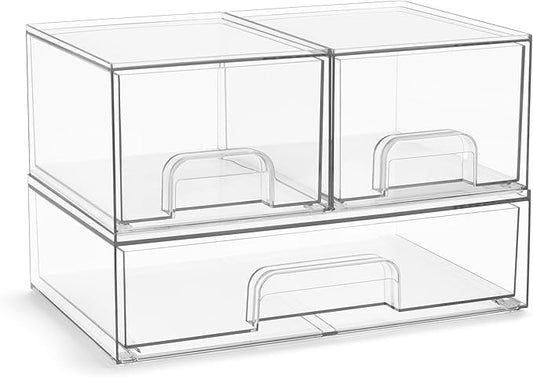 Sorbus Acrylic Storage Containers - 3 Pack, Stackable Storage Bins Set for Bathroom Organization - Clear Acrylic Drawer Organizers - Makeup Case Pull-Out Drawers (4.4’’ Tall and 12.1’’ Wide)-FemmiqueWomen