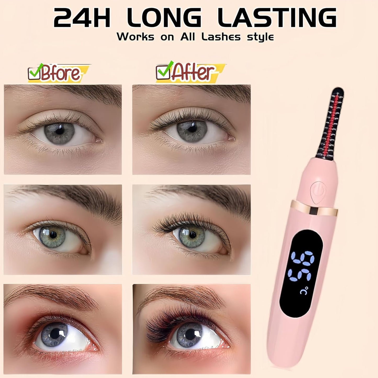 Heated Eyelash Curler, Heated Lash Curler with Led Display Electric Eye lash Curler 3 Temp Settings for Makeup Tools for Achieving A Natural Curl and Long Lasting Eyelashes, Designed for Women, Pink-FemmiqueWomen