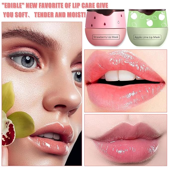 Bee Lip Balm Honey Pot,3 PCS Strawberry&Honey&Apple Lime Lip Sleeping Mask,Hydrating Prevention Dry and Cracked Lip Scrubs Exfoliator Lip Care,Moisturizing Lip Mask Overnight Reduces Lip Lines-FemmiqueWomen