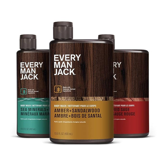 Every Man Jack Men's Body Wash Variety Pack - Includes 3 Body Washes with Natural Ingredients & Incredible Scents - Amber + Sandalwood, Cedar + Red Sage, Sea Minerals + Citron Fragrances-FemmiqueWomen