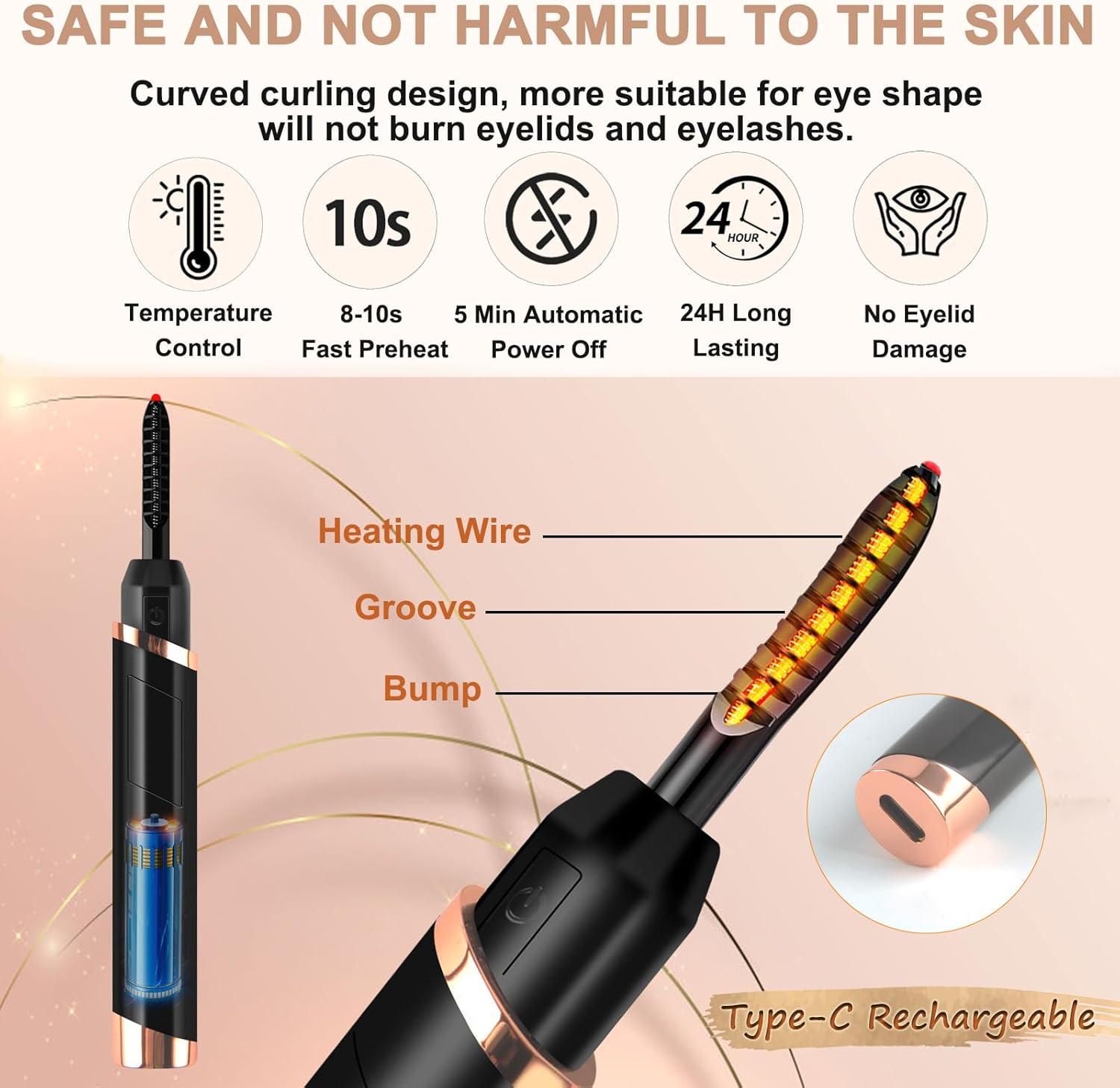 Heated Eyelash Curler, Electric Eyelash Curler, Rechargeable Lash Curler for Makeup Natural Curling Eye Lashes and 24 Hours Long Lasting - Black 2025 Updated New Model-FemmiqueWomen