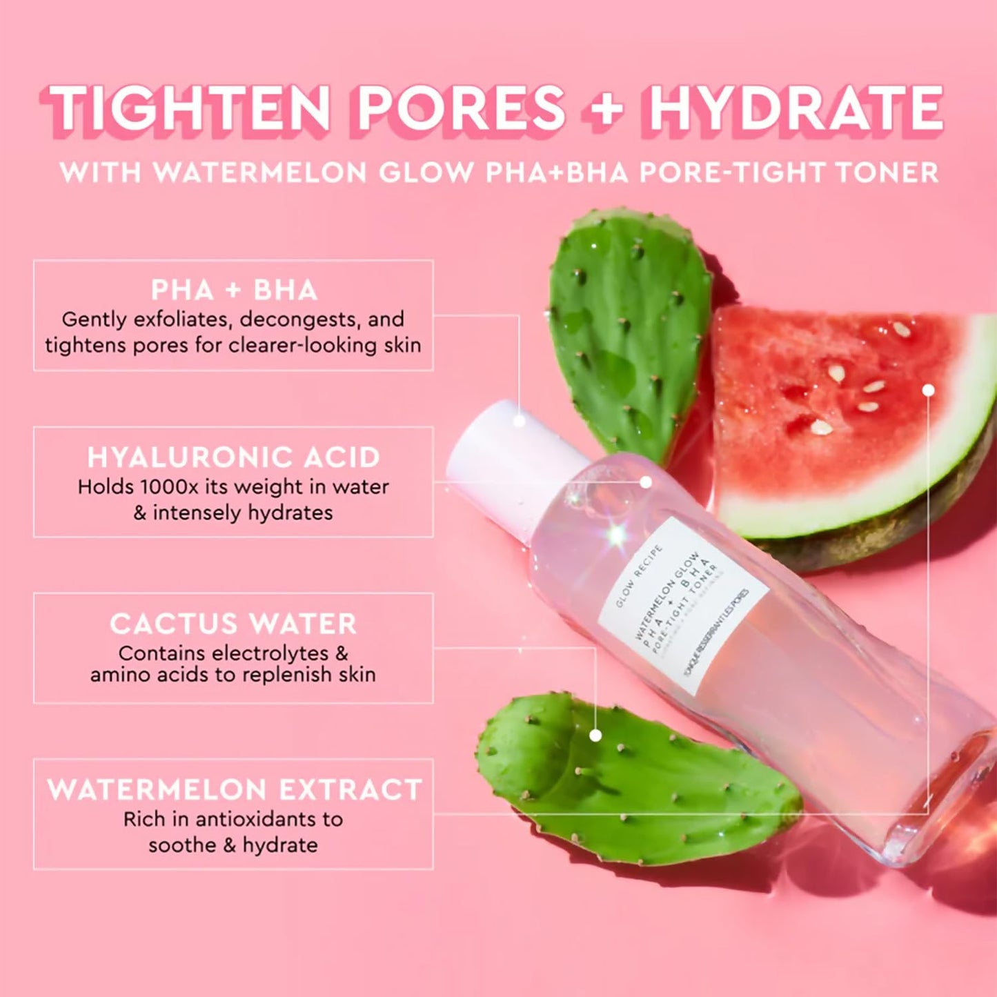Glow Recipe PHA + BHA Face Toner - Korean Skin Care Pore Minimizer & Gentle Facial Exfoliator for Tightening, Hydrating & Exfoliating - Glycerin, Watermelon & Cactus Water (150ml)-FemmiqueWomen