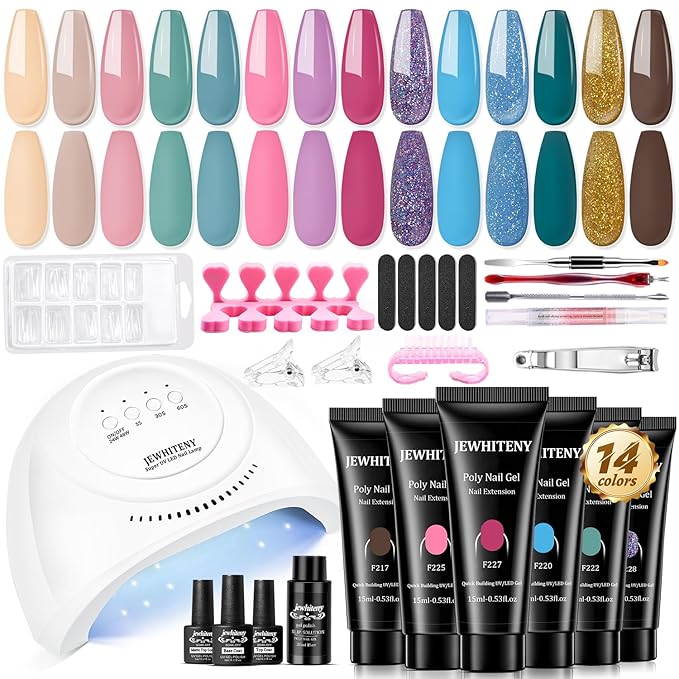 JEWHITENY Poly Gel Nail Kit 14 Colors - Yellow Nude Pink Blue Purple Glitter Tones Starter Kit with UV Lamp Base & Top Coat All-in-One Gift for Women Need U V Light Curing-FemmiqueWomen