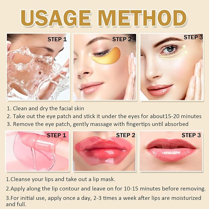 20 Pieces Lip Masks&24K Gold Gel Eye Masks,Crystal Collagen Under Eye Masks,Moisturizing Cherry Lip Patches Skin Care,Reducing Fine Lines & Dark Circle for Puffy Eyes,Birthday for Women-FemmiqueWomen