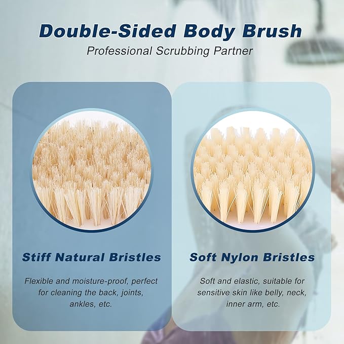 Long Handle Ergonomically Back Scrubber/Brush for Shower, Double Sided Exfoliating Body Scrubber for Women and Men (Light Blue)