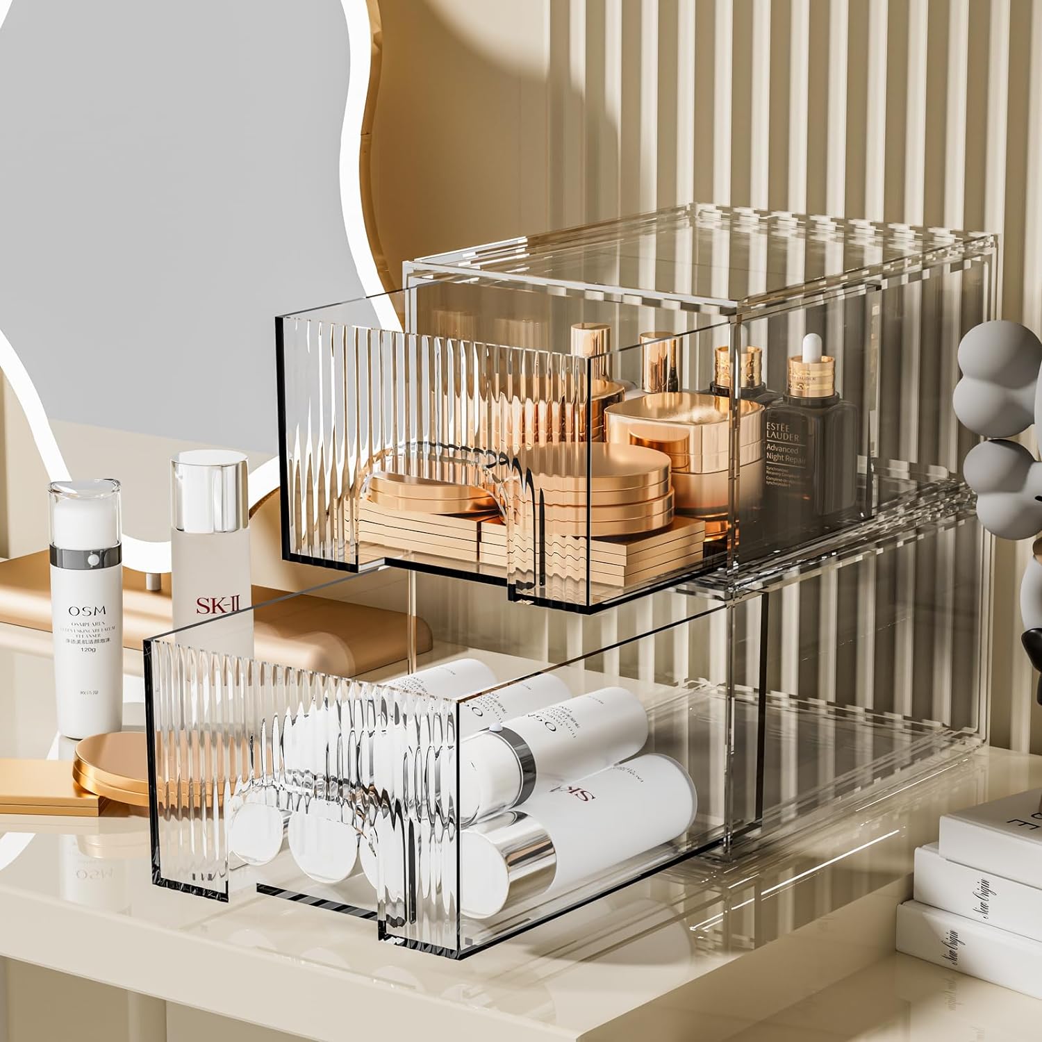 ZHIAI 2 Pack Clear Stackable Cosmetic Organizer, Acrylic Drawer, Plastic Organizer for Dresser, Vanity, Kitchen Cabinet, Pantry, Home Organization and Storage-FemmiqueWomen
