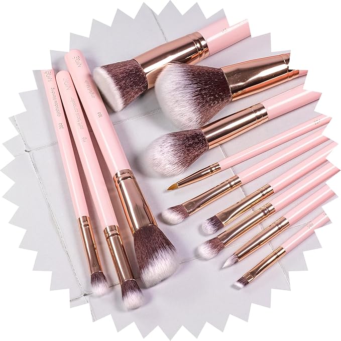 Niré Beauty 15piece Award Winning Pink Makeup Brushes: Pink Makeup Brush Set with Case, Makeup Sponge, Brush Cleaner, Guide, Gift Box-FemmiqueWomen