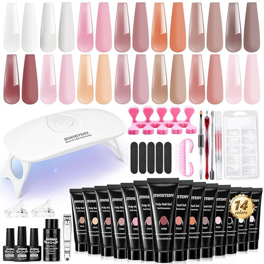 JEWHITENY Poly Extension Gel Nail Kit 14 PCS Poly Gel Kit with Slip Solution and Mini Lamp Nail Art Design Beginner-FemmiqueWomen