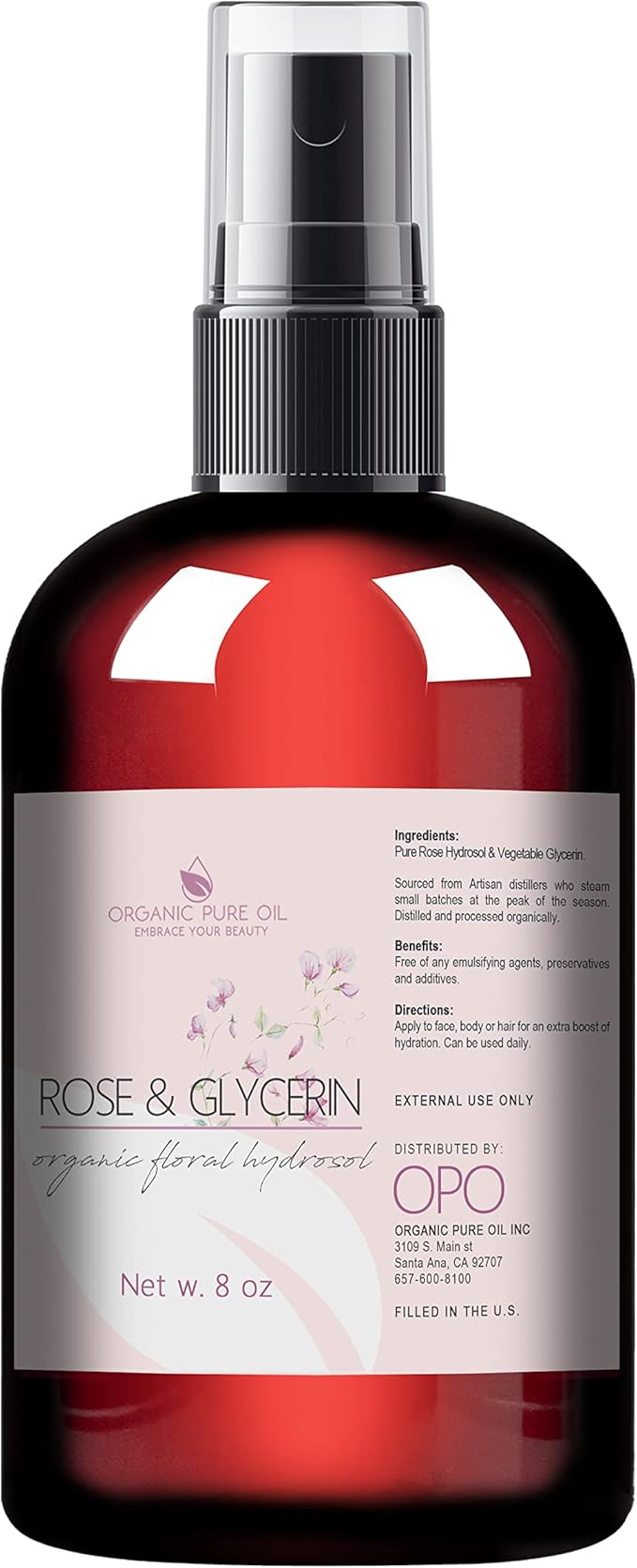 Rosewater Glycerin Mist Toner Bulk Spray Facial Body Floral Cleanser 100% Pure Rose Hydrosol and Vegetable Glycerine Moisturizing Cleansing Toning Mix for Face Skin Hair Body (8 Ounces)-FemmiqueWomen