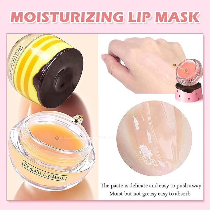 4 PCS Bee Lip Balm Honey Pot,Strawberry&Honey&Watermelon&Apple Lime Lip Sleeping Mask,Hydrating Prevention Dry and Cracked Lip Scrubs Exfoliator Lip Care,Moisturizing Lip Mask Overnight-FemmiqueWomen