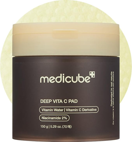 Medicube Deep Vita C Facial Pads, Vitamin C Toner Pads for Uneven Skin Tone, 500,000PPM of vitamin water & 3 types of vitamin, Hydrating & Resurfacing (70 sheets)-FemmiqueWomen