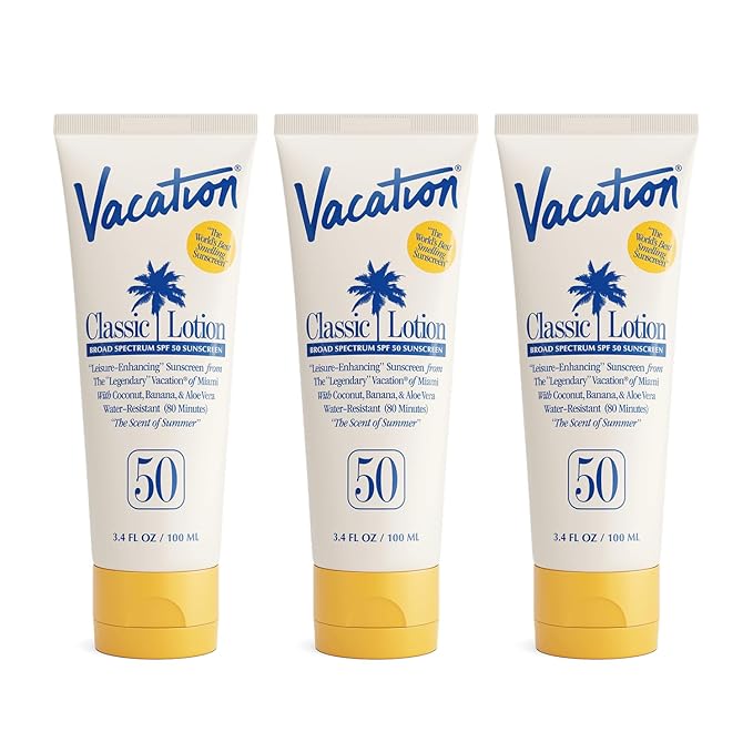 Vacation Classic Sunscreen Lotion SPF 50, Water-Resistant, Lightweight, Transparent on All Skin Tones, Dermatologist-Tested, Vegan, Travel Size, 3.4 Fl. Oz. (Value Pack of 3)-FemmiqueWomen