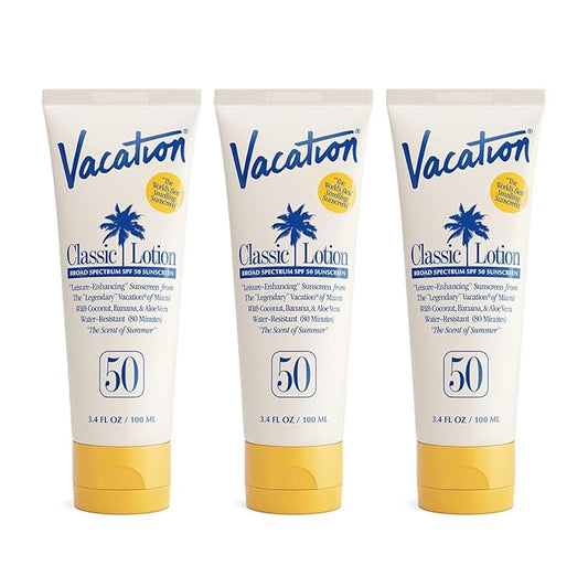 Vacation Classic Sunscreen Lotion SPF 50, Water-Resistant, Lightweight, Transparent on All Skin Tones, Dermatologist-Tested, Vegan, Travel Size, 3.4 Fl. Oz. (Value Pack of 3)-FemmiqueWomen