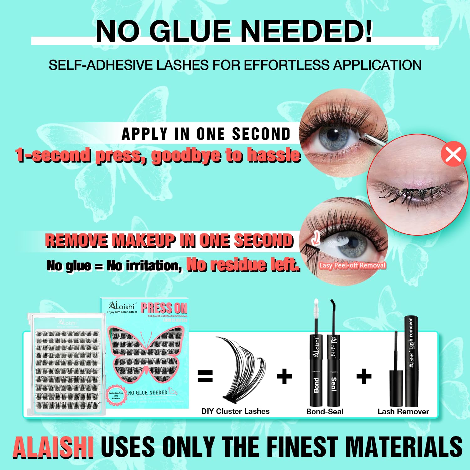 No Glue Needed Lashes, Self Adhesive Eyelashes, DIY Lash Eyelash Extensions Kit 10‑18mm,100pcs Fluffy D Curl Soft Natural Lashes with Tweezers–Fake Cat Eye Wispy Individual Clusters NG2031-1-FemmiqueWomen