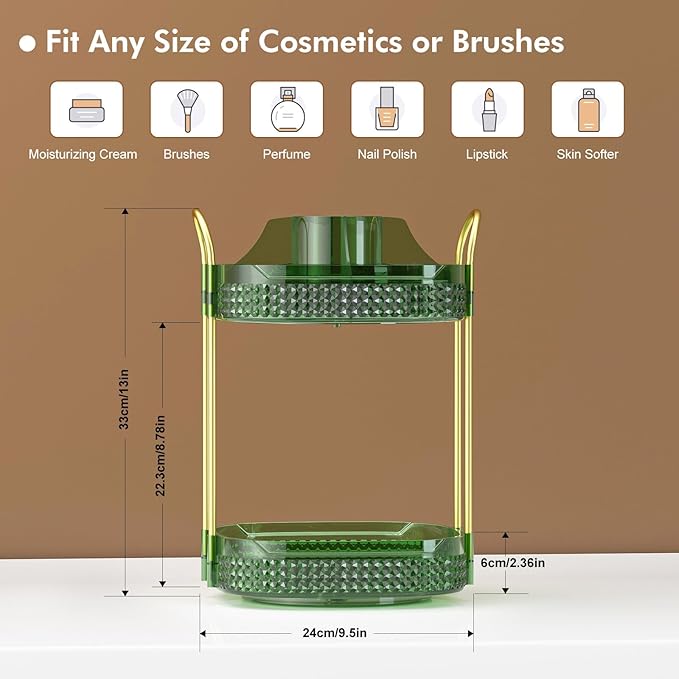 Awenia Rotating Makeup Organizer 360, Stackable Adjustable Large Capacity Cosmetic Storage Unit,Dresser Bathroom Kitchen Countertop Organizer with Metal Handle, Plus Size (Gem Green, 2 Tier)-FemmiqueWomen