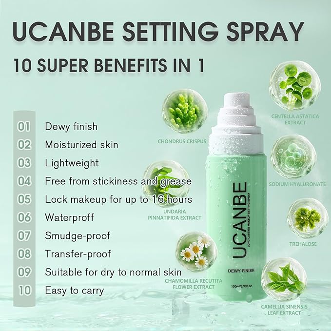 Dewy Makeup Setting Spray Kit-3.38 Fl oz Hydrating Illuminating Finishing Spray Lightweight Face Mist All Day Long Make up Fixer +2PCS Sponge Puff, Hydrate Skin for a Bright Look-FemmiqueWomen