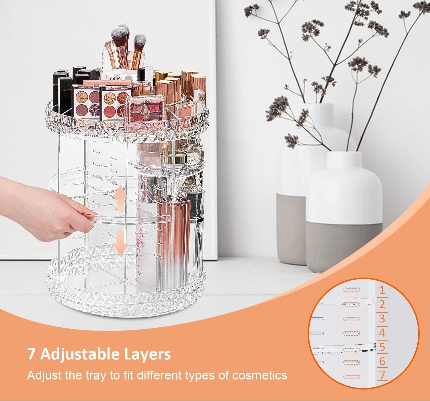 ZHIAI 360 Rotating Makeup Organizer, Large Capacity Cosmetics Organizer for Perfume Holder Organizer Countertop, DIY Adjustable Bathroom Makeup Carousel Holder Rack, Clear Diamond-FemmiqueWomen