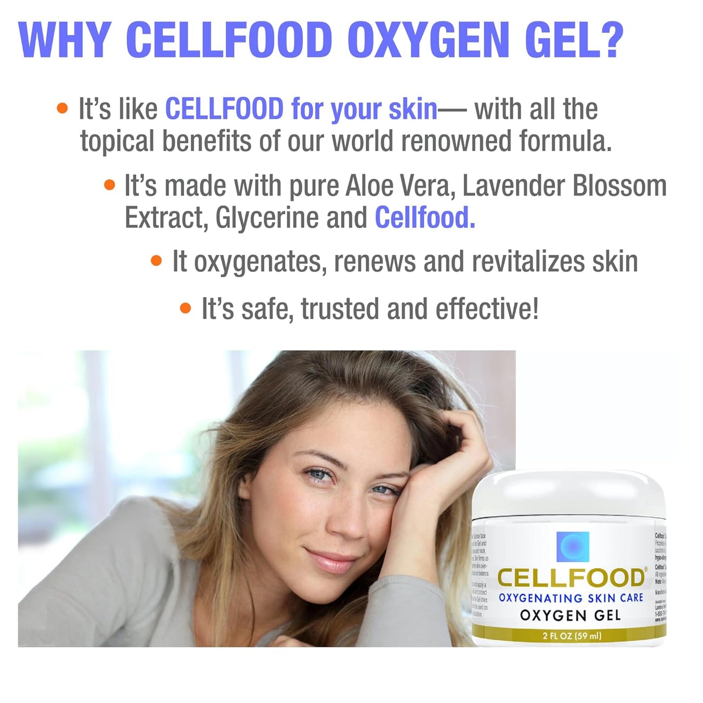 Cellfood Oxygen Gel, 2 fl oz - Nutrient Rich - Provides Moisture & Protection, Decreases Appearance of Fine Lines - Aloe Vera, Lavender Blossom Extract, Cellfood & Glycerine - Hypoallergenic, Non-GMO-FemmiqueWomen