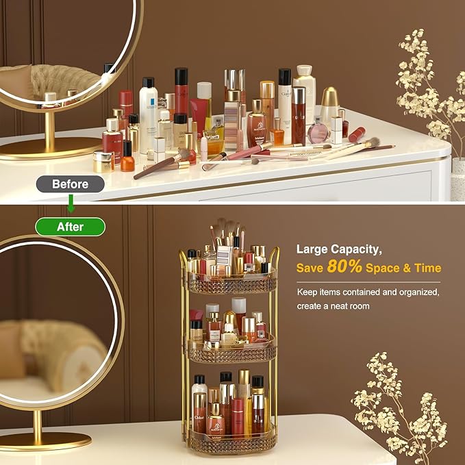 Awenia Rotating Makeup Organizer 360, Stackable Adjustable Large Capacity Cosmetic Storage Unit,Dresser Bathroom Kitchen Countertop Organizer with Metal Handle, Plus Size (Honorable Gold, 3 Tier)-FemmiqueWomen
