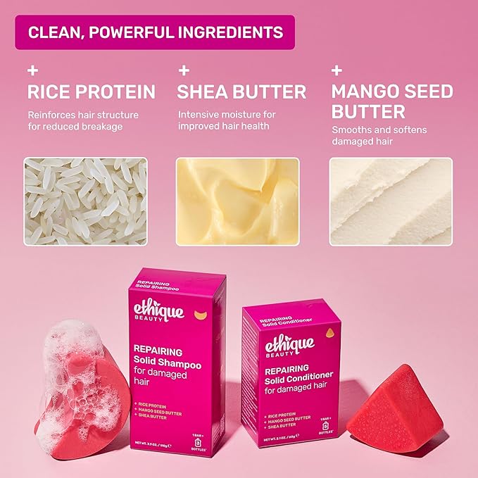 Ethique Repairing Shampoo Bar for dry, damaged hair with Rice Protein - Plastic-Free, Vegan, Cruelty-Free, 3.88 oz - Formerly Sorbet-FemmiqueWomen