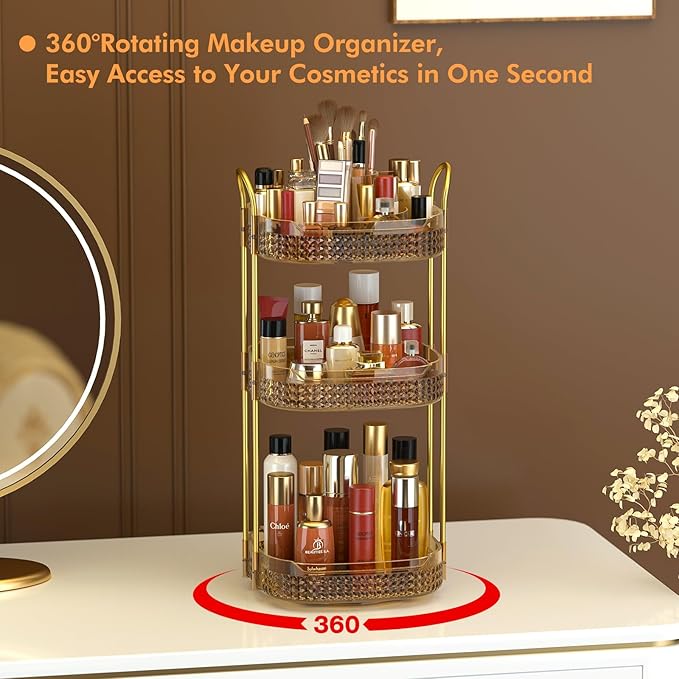 Awenia Rotating Makeup Organizer 360, Stackable Adjustable Large Capacity Cosmetic Storage Unit,Dresser Bathroom Kitchen Countertop Organizer with Metal Handle, Plus Size (Honorable Gold, 3 Tier)-FemmiqueWomen