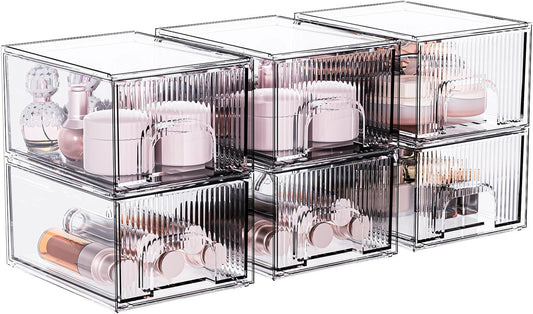 ZHIAI 6 Pack Clear Stackable Storage Drawer, Acrylic Drawer, Cosmetic Organizer, Plastic Organizer for Dresser, Under, Kitchen Cabinet, Pantry, Home Organization and Storage-FemmiqueWomen