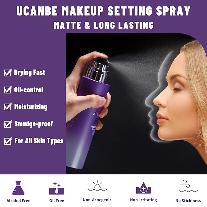 UCANBEMAKUP Long Lasting Makeup Setting Spray Kit- 6.76 Fl oz Hydrating Matte Finish Mist Lightweight Face Make up Fixer +Translucent Loose Setting Powder+2PC Sponge Puff Set-FemmiqueWomen