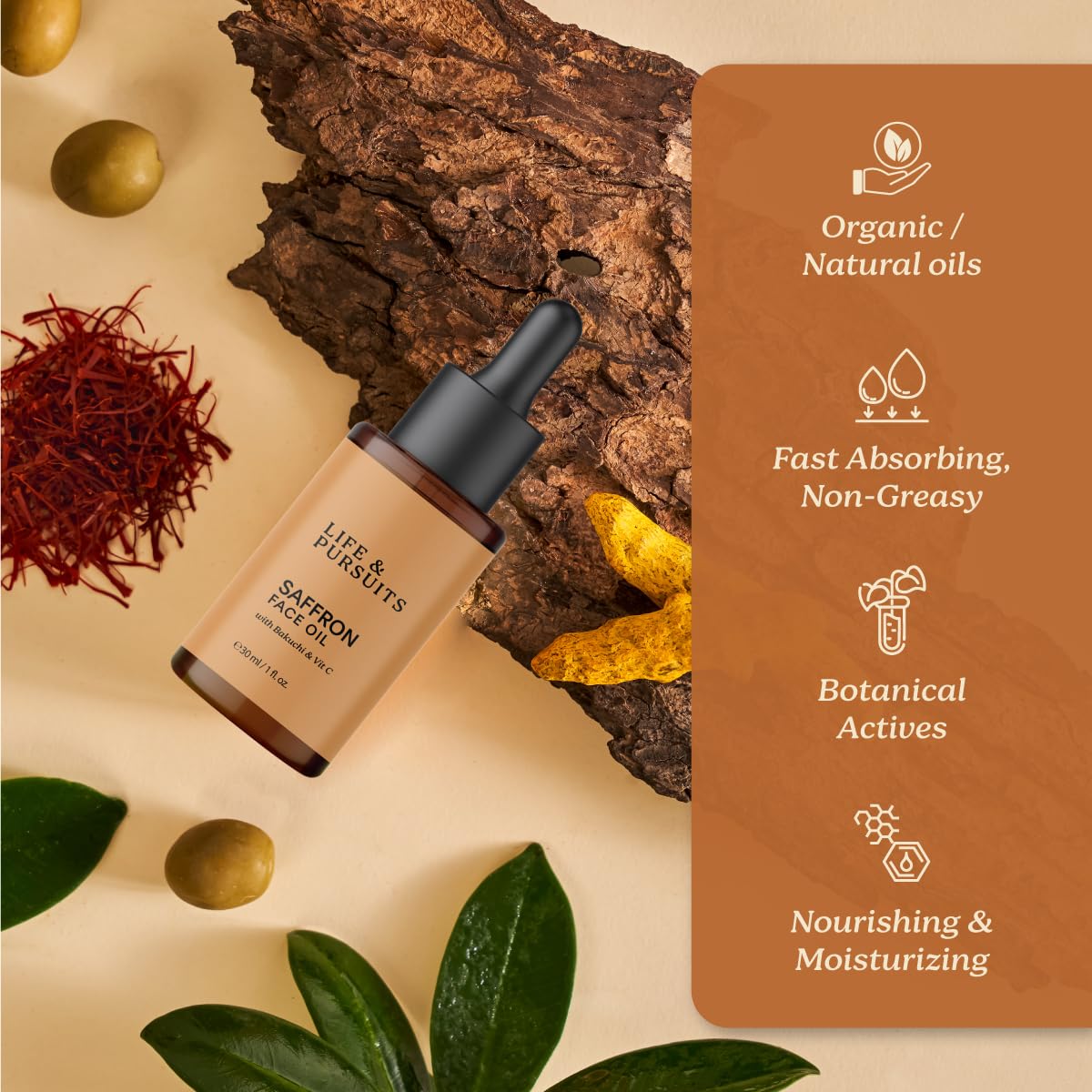 Life & Pursuits Saffron Face Oil 1 Fl Oz with Kashmir Saffron, Bakuchi, Vitamin C for Face Brightening, Moisturizing, Dark Spots, Fine Lines, Wrinkles. Lightweight Daily Face Massage oil | Anti-Aging-FemmiqueWomen