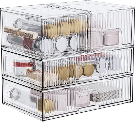 ZHIAI Stackable Storage Box, Acrylic Organizer, Cosmetic Organizer for Cosmetics and Beauty Products for Dressers, Bathrooms, Cabinets, Bedrooms and Home Organization 4 Piece Set-FemmiqueWomen