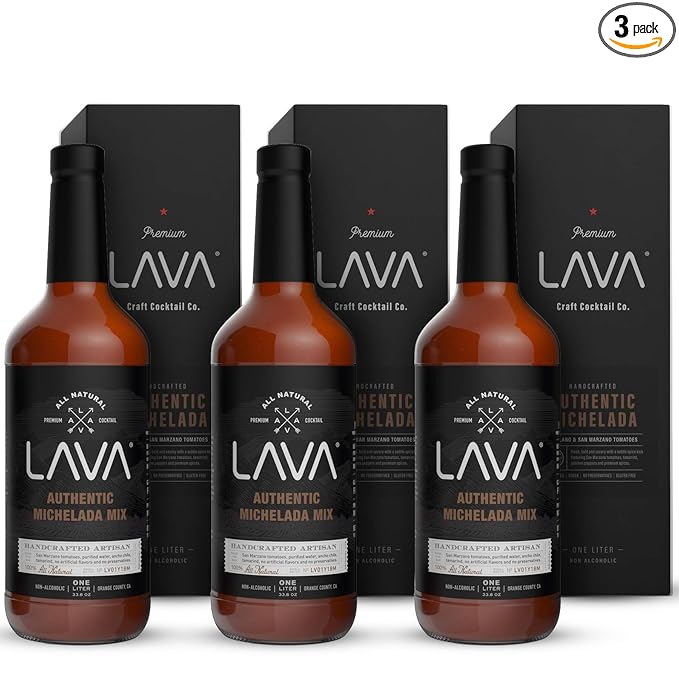 (3 Pack) LAVA All Natural Authentic Michelada Mix Craft Cocktail Mixer, Made with Real Tomatoes, Ancho Chile Peppers, Tamarind, No Junk Ingredients, Vegan, 1-Liter (33.8oz) Glass Bottle, Ready to Use-FemmiqueWomen