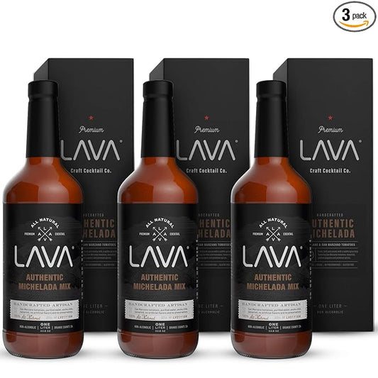 (3 Pack) LAVA All Natural Authentic Michelada Mix Craft Cocktail Mixer, Made with Real Tomatoes, Ancho Chile Peppers, Tamarind, No Junk Ingredients, Vegan, 1-Liter (33.8oz) Glass Bottle, Ready to Use-FemmiqueWomen