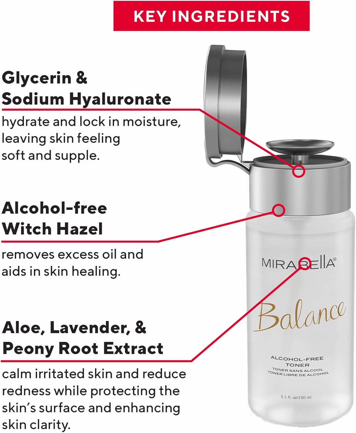 Mirabella Balance Toner for Face, Unscented Alcohol-Free Toner Offers Restorative Hydration & Cleansing for All Skin Types, Even Sensitive Skin, with Hyaluronic Acid, Glycerin, Aloe, & Witch Hazel-FemmiqueWomen