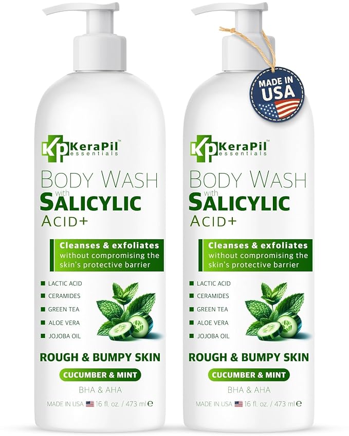 Exfoliating Body Wash with Salicylic Acid - No Dry Out, Gentle Exfoliates Rough and Bumpy Skin, Body Acne Wash, BHA & AHA - Cucumber and Mint Salicylic Acid Body Wash - (16 fl oz x 2)-FemmiqueWomen