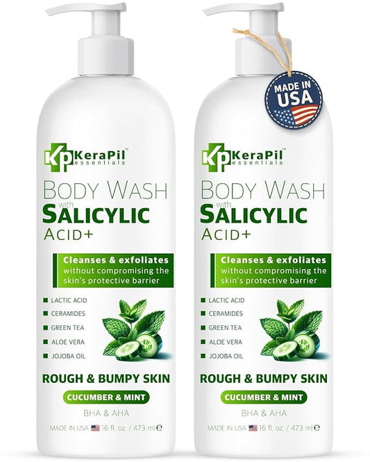 Exfoliating Body Wash with Salicylic Acid - No Dry Out, Gentle Exfoliates Rough and Bumpy Skin, Body Acne Wash, BHA & AHA - Cucumber and Mint Salicylic Acid Body Wash - (16 fl oz x 2)-FemmiqueWomen