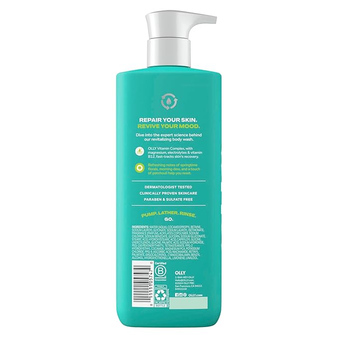 OLLY Revive Body Wash with Magnesium, Electrolytes & Vitamin B12– Nourishing Cleanser for Skin Barrier Repair, Deep Hydration, Refreshing Nerolidew Scent, 17 oz-FemmiqueWomen
