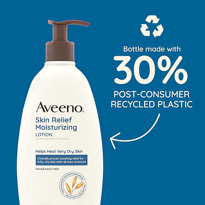 Aveeno Skin Relief Fragrance-Free Moisturizing Lotion for Sensitive Skin, with Natural Shea Butter & Triple Oat Complex, Unscented Therapeutic Body Lotion for Itchy, Extra-Dry Skin, 18 fl. oz-FemmiqueWomen