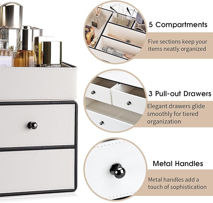 GORESE Leather Makeup Organizer with Drawers for Vanity, Stackable Skincare Holder Dresser Organizer Countertop, Make Up Storage Organizers Counter Cosmetic Display Case Gifts for Women(Cream White)-FemmiqueWomen