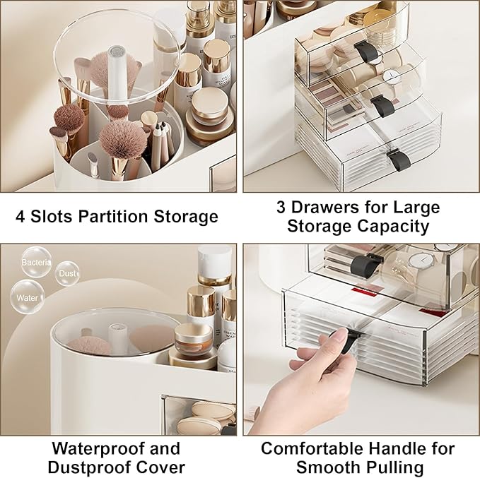 DASITON Makeup Organizer with 3 Drawers,Automatic Lifting Makeup Brush Holder with Lid,Large Capacity Makeup Organizers for Vanity,Bathroom Countertop,Ideal Storage Skin Care,Brushes,Lipstick (White)-FemmiqueWomen