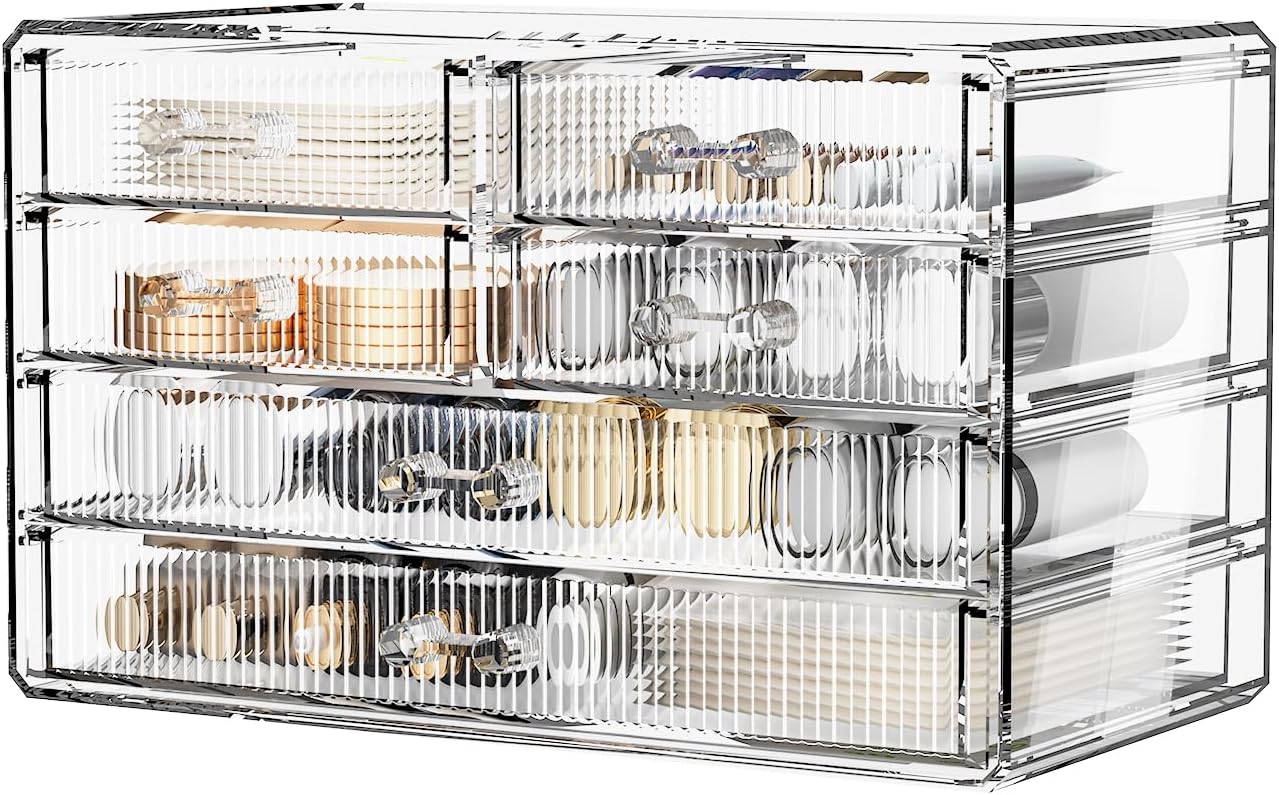 ZHIAI Stackable Storage Drawers, Acrylic Bathroom Counter Organizer Clear Makeup Organizers for Vanity, Kitchen Cabinets, Bathroom, Undersink, Home Organization and Storage (6 Drawers, Pattern F)-FemmiqueWomen