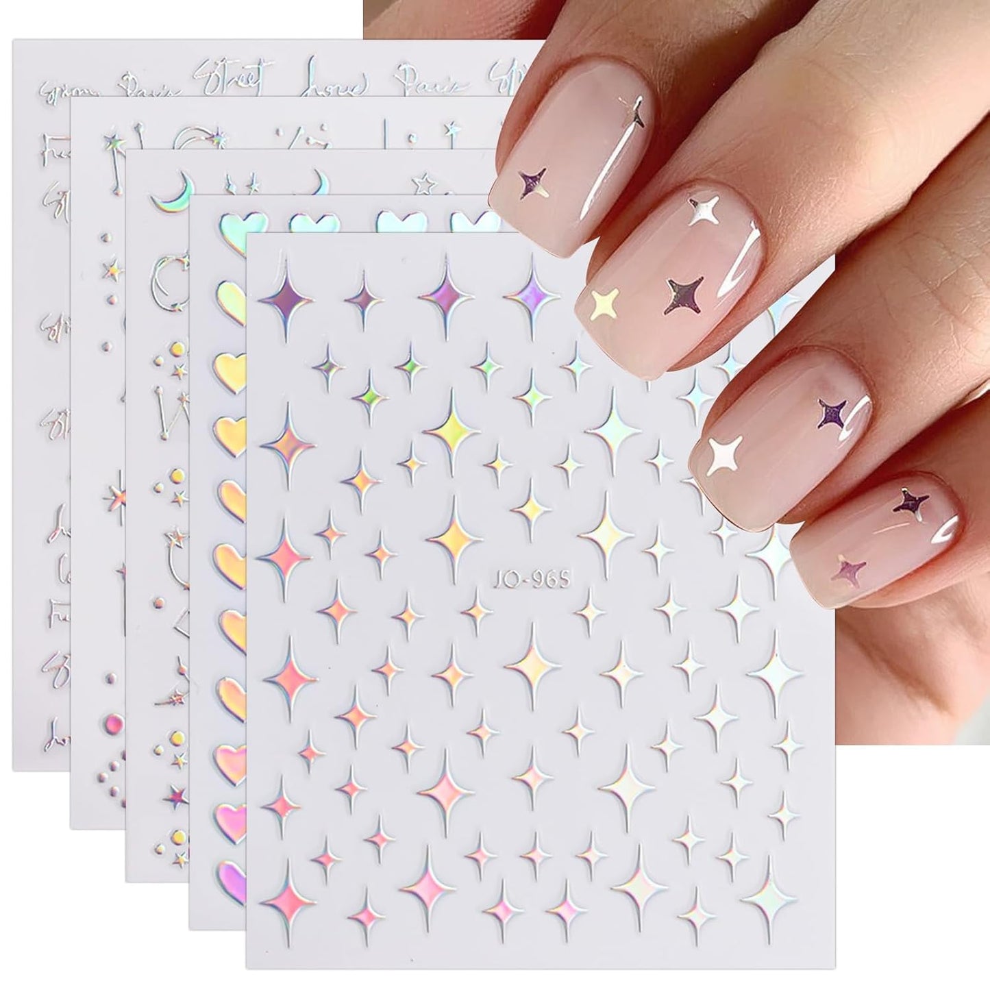 JMEOWIO 12 Sheets Aurora Nail Art Stickers Decals Self-Adhesive Pegatinas Uñas Glitter Holographic Star Heart Nail Supplies Nail Art Design Decoration Accessories-FemmiqueWomen