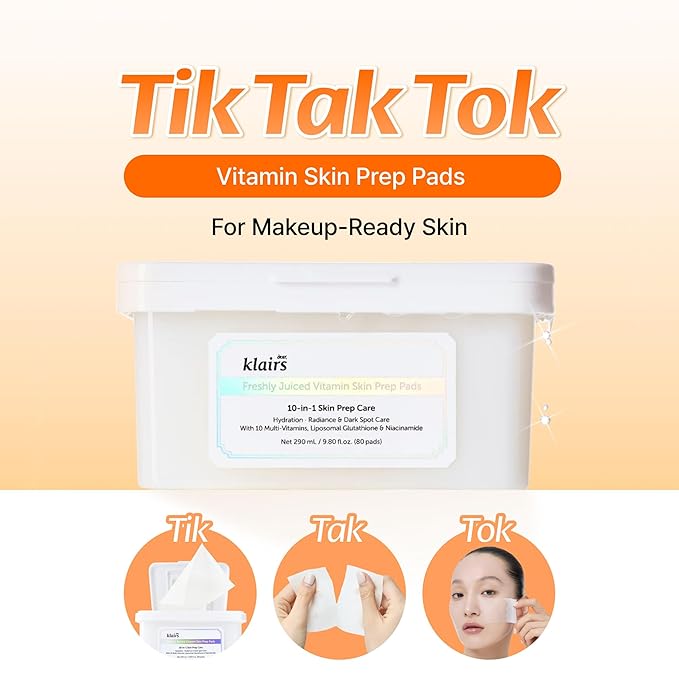 DearKlairs Freshly Juiced Vitamin Toner Pads, TikTakTok Easy Pick & Stick, Makeup Prep, Liposomal Glutathione, Easy-split, Glow, Glass Skin, Exfoliation, 80 pads-FemmiqueWomen