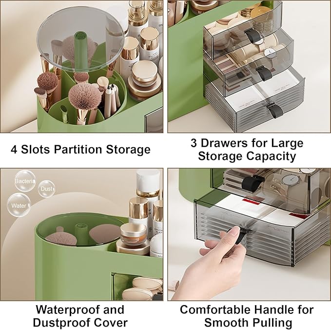 DASITON Makeup Organizer with 3 Drawers,Automatic Lifting Makeup Brush Holder with Lid,Large Capacity Makeup Organizers for Vanity,Bathroom Countertop,Ideal Storage Skin Care,Brushes,Lipstick (Green)-FemmiqueWomen