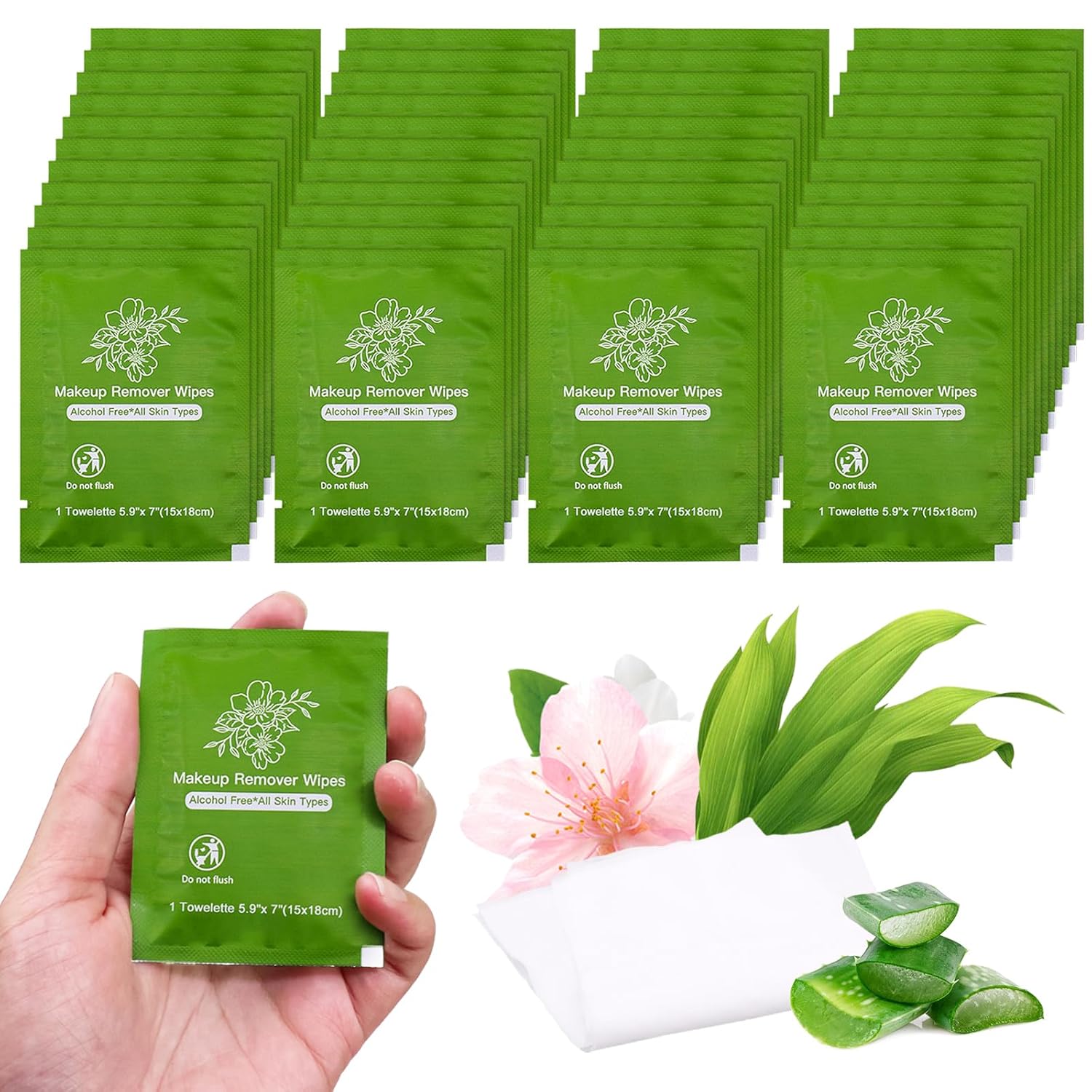 Makeup Remover Wipes Bulk Individually Wrapped,Travel Makeup Wipes Individual Makeup Remover Wipes Bulk Gentle Cleansing Makeup Remover Wipes for Face Cleansing Mascara Lipstick Travel (50, Aloe Vera)-FemmiqueWomen