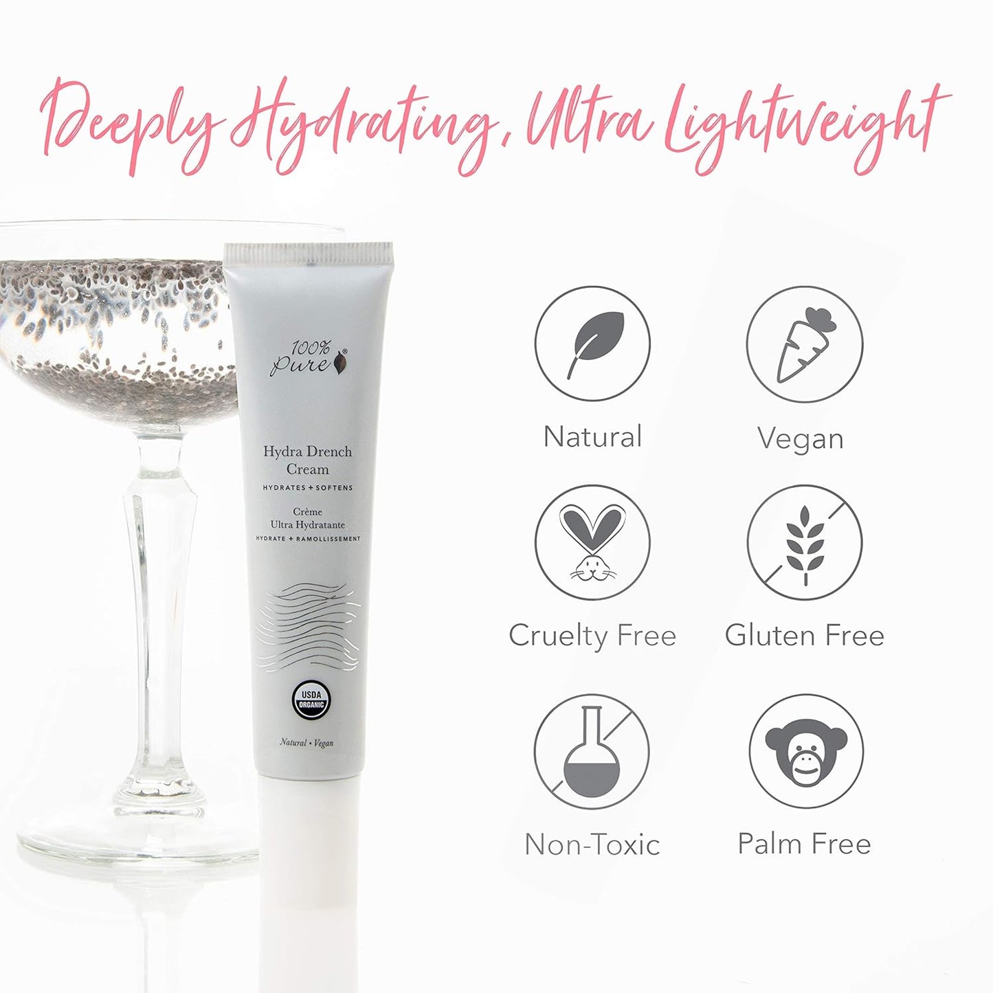 100% PURE Hydra Drench Cream, Daily Face Moisturizer with Hyaluronic Acid, Rose Water, Skin Care for All Skin Types, Natural Face Cream - 1.4 Fl Oz-FemmiqueWomen