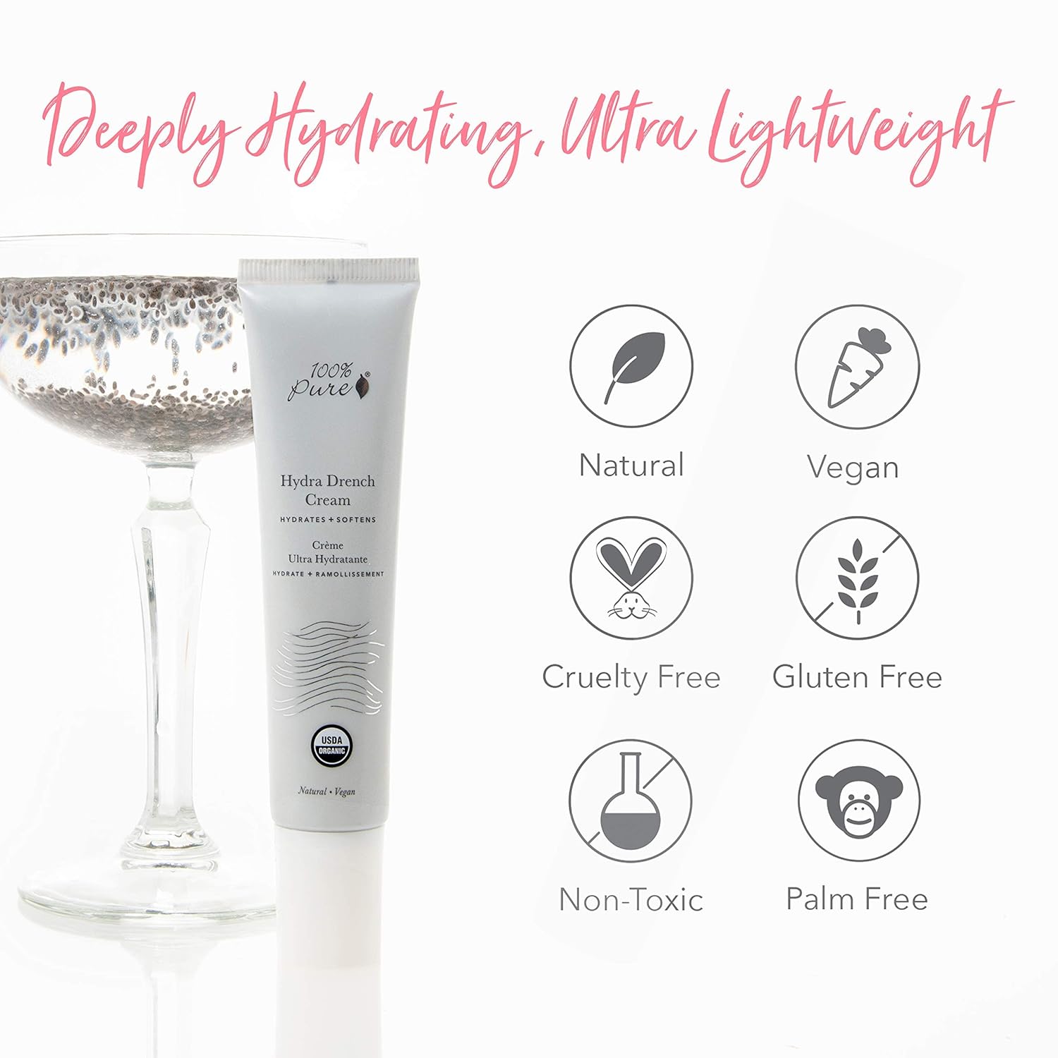 100% PURE Hydra Drench Cream, Daily Face Moisturizer with Hyaluronic Acid, Rose Water, Skin Care for All Skin Types, Natural Face Cream - 1.4 Fl Oz-FemmiqueWomen